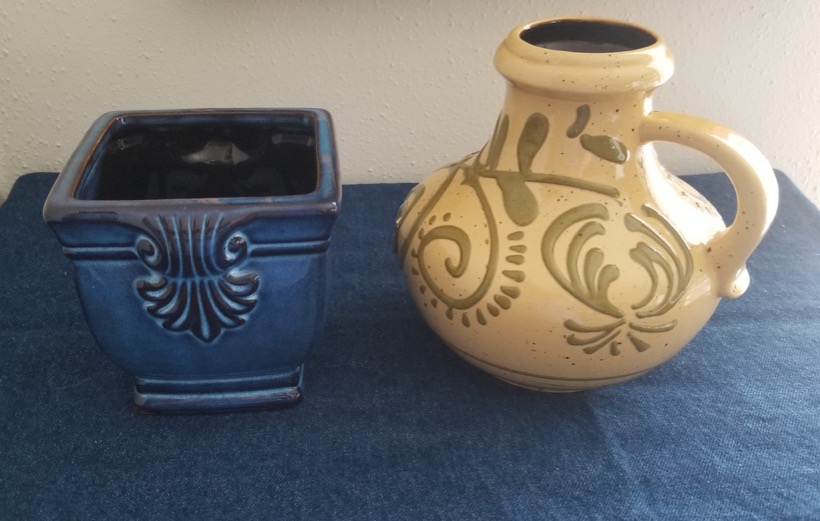 blue and gold ceramic pots